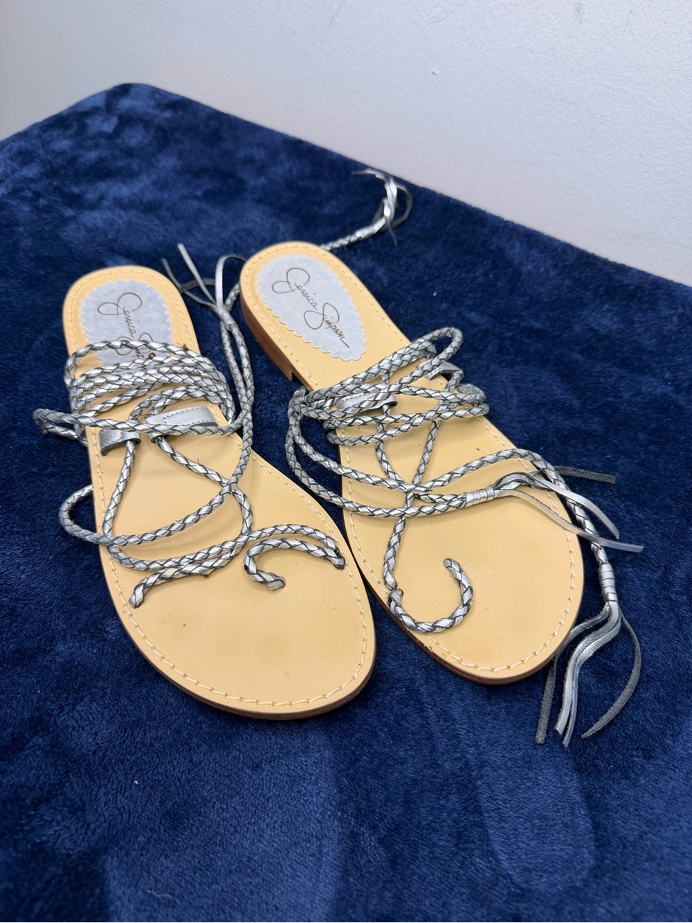 Jessica Simpson Silver Braided Lace-Up Flat Sandals